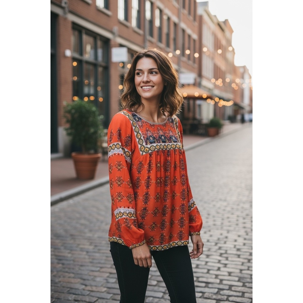 Given Kale‎ XS Orange Boho Peasant Blouse Top Tassel Tie Back Long Sleeve